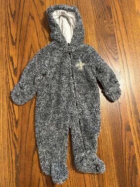 Plush Hooded Saints Baby One-Piece in Charcoal with Fleur-de-Lis